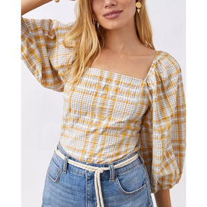 Anthro Maeve Plaid Print Square Neck Top Smock Back Puff Sleeve Cream Yellow XL